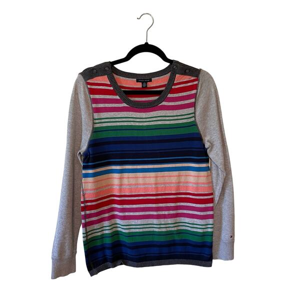 Tommy Hilfiger L stripe long sleeve t-shirt top gray pink preppy academia casual - Picture 1 of 7